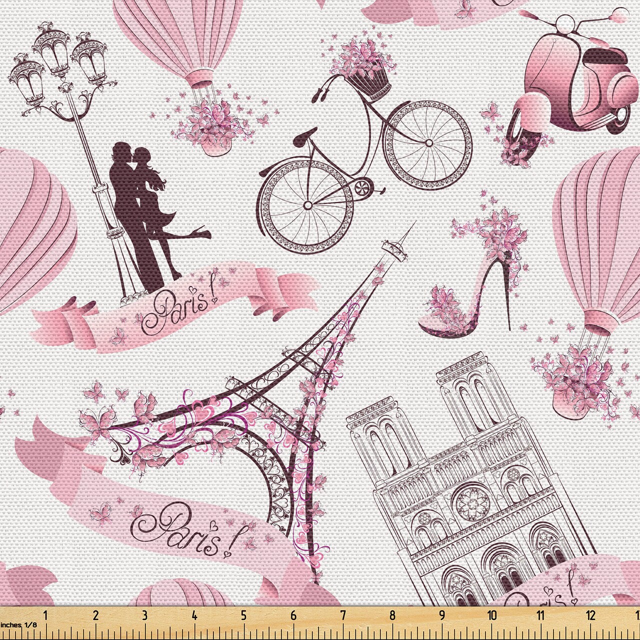 Ambesonne Paris Fabric by The Yard Valentines Day Theme with Eiffel Kissing Couple Hot Air Balloon Concept Decorative Material for Paris Party Decorations Outdoor &#x26; Indoor Furnishing 1 Yard Pink Rose